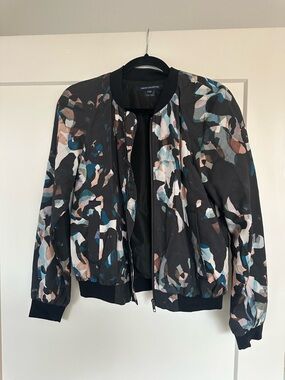 French Connection Black Multi-Color Abstract Print Bomber Jacket